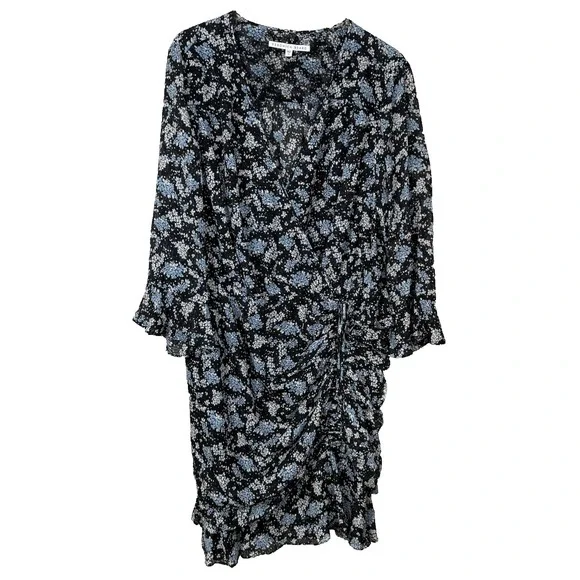Veronica Beard Sean Wrap Dress Womens 20 Black Ditsy Floral Silk Ruched Ruffle - Picture 2 of 14